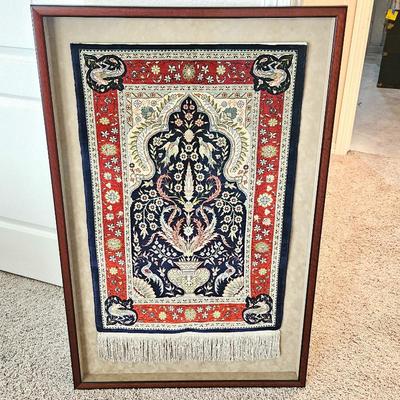  Persian Silk Small Prayer Rug – Handwoven, Floral & Bird Motif, Mihrab Design - in 26" x 40" Shadowbox