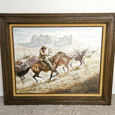  Large - Original Oil on Canvas Wall Art "Cattle Drive" Framed - 39" x 33" - Western Cowboy Art