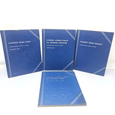 Lot #214 - Lot of 4 Whitman Coin Folders Lincoln Cent, Barber Quarter Dime, Liberty Nickel w/ Some Coins– Vintage Blue Books