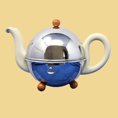  Vintage Porcelain & Chrome Cozy Teapot with Felt Lined Warmer Cover & Wood Feet