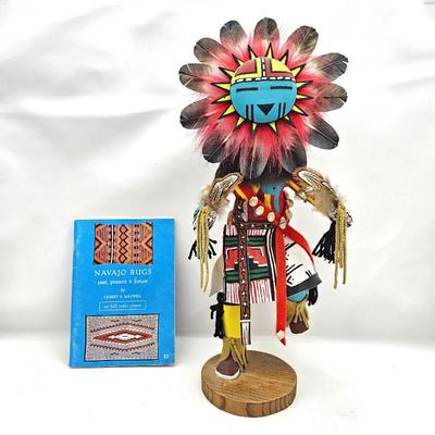  Colorful Handcrafted Navajo Kachina Doll with Authentic Native Patterns "Sun face". Plus Book on Navajo Rugs