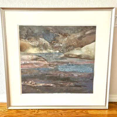 Lot #8 - Framed Original Artwork by Ellen Hill - "Dusk at the Lake" with Watercolor and Lacquer on Paper 37" x 38"