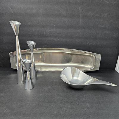  Nambe 568 "Swoop Bowl" Plus Nambe Trio of Candle Sticks & Stainless Steel Boat Shaped Serving Bowl