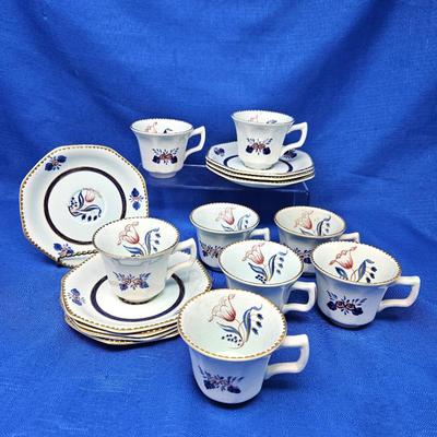  Vintage Adams England Tea Cup & Saucer Set Hand Painted Light Blue w/ Floral Tulip Pattern & Gold Trim