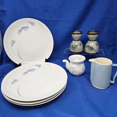  Assorted Blue and White Kitchen Ware Pieces, Porcelain Plates, Creamer, and Hand Painted Egg Cups