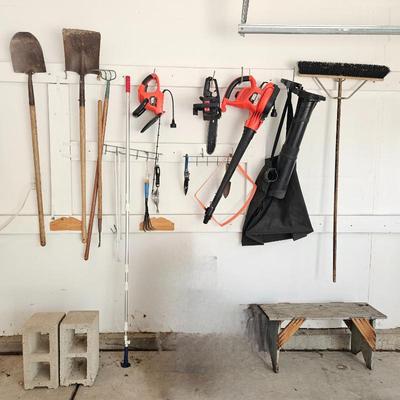  Garage Lot Including Black Plastic Shelving - Includes Gardening and Lawn Items, Plus Ladder and Golf Bag w/ Stand