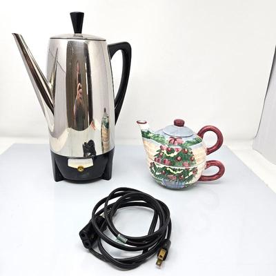 Farberware Stainless Steel Coffee Pot with Decorative Ceramic Teapot & Cup Combo