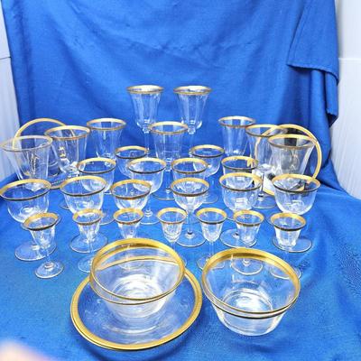  - Vintage Crystal Stemware Set 22K Gold Rim & Base: Wine, Cordials, Dessert Bowls Elegant 32pc