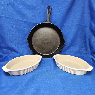 Griswold #8 Cast Iron Skillet with Two White Pampered Chef Stoneware Casserole Dishes