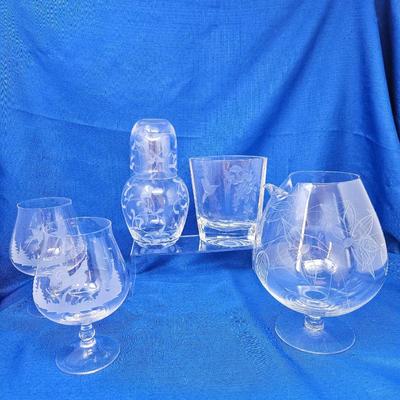 Vintage Crystal Glassware Set with Elegant Etched Designs - Brandy Glasses & Unique Decanter, Vase and Bedside Water