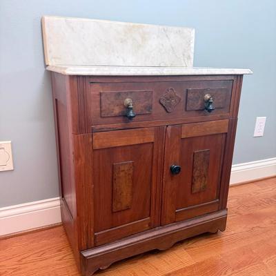 Victorian Eastlake Walnut and Burled Walnut Marble Top Washstand