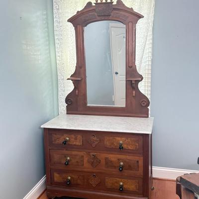 Victorian Eastlake Walnut and Burled Walnut Marble Top Dresser