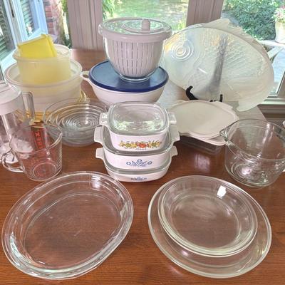 Kitchen storage featuring corning,, Pyrex and Tupperware