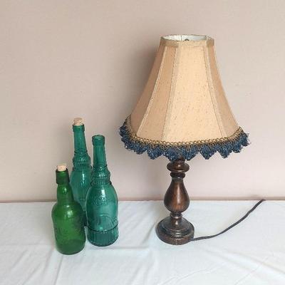 Wood Base Reading Lamp, Blue & Green Bottles 