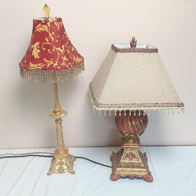 Ornate Faux Bronze Table Lamps. Tall Red Lamp 33" & Heavy Ceramic Lamp 27"