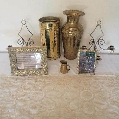 Assorted Brass Vessels, Brass Wall Candle Holders & Doily 