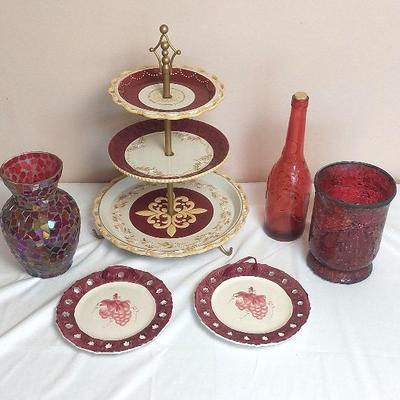 Three Tiered Serving Tray, Red Vases, Red Bottle, Red Wall Hanger Grape Plates 