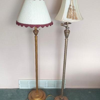 Gold Floor Lamp Red Shade 59.5" Tall & Silver Floor Lamp Tasseled Shade 60.5" Tall