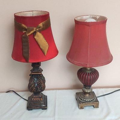 Small Side Table Reading Lamps with Red Lamp Shades 18.5" & 17.5"