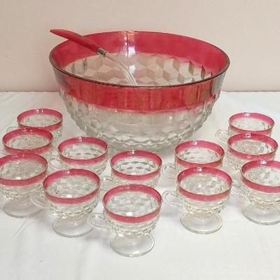 INDIANA GLASS Whitehall Colony Ruby Flash Punch Bowl Set Bowl w/12 Cups