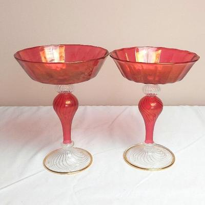 Vintage Italy Ventian Salviati Art Glass hand blown Cranberry Pair 