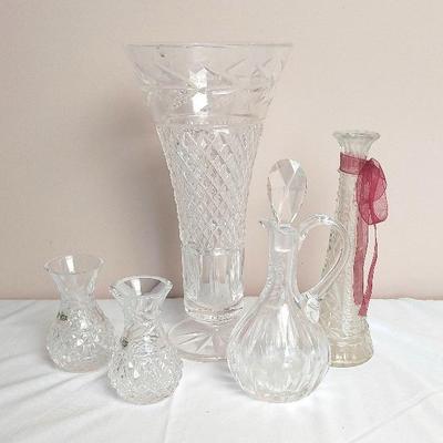 Crystal Vase, Crystal Bud Vases, Crystal Cruet, & Glass Vase