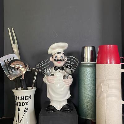 Sale Photo Thumbnail #84: Kitchen Caddy With Utensil, Cernamic “chef  With 2 Whisk And 2 Vintage Thermos 