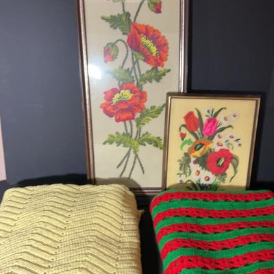 Sale Photo Thumbnail #51: 2 Afgans And 2 Vintage Framed Crewel Embroidery Pictures