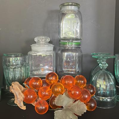 Sale Photo Thumbnail #77: Driftwood Acrylic Grapes, 6 Green Tinted Glasses, Storage Jars