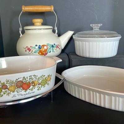 Sale Photo Thumbnail #78: Tea Pot And 3 Casserole Bake Pans And One Metal Casserole Stand