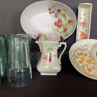 Sale Photo Thumbnail #76: Collection Of Strawberry, Floral Pottery And 4 Glasses