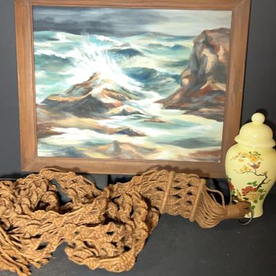 Sale Photo Thumbnail #60: D. Kirk Acrylic Seascape Picture, Ginger Jar, & Jute Macrame Hanger 