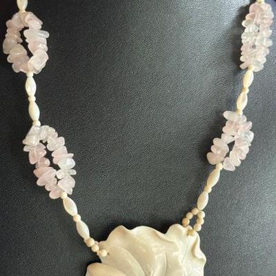 Vintage Carved Bone Flower Pendant And Pink Quartz Bead 16 Inch Necklace