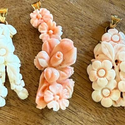 (3) Vintage Skin Coral Hand Carved Floral Pendants - Gold Vermeil Over Silver 