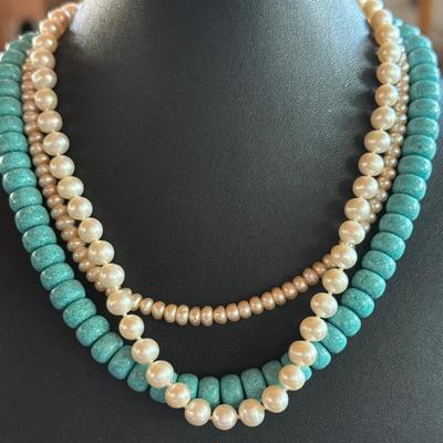 (2) Pearl Necklaces & (1) Blue Stone Bead Necklace With Sterling Silver Clasp 