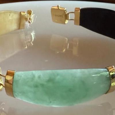Vintage 14K Yellow Gold Assorted Color Jade Panel 7 Inch Bracelet - 16.6 Grams 