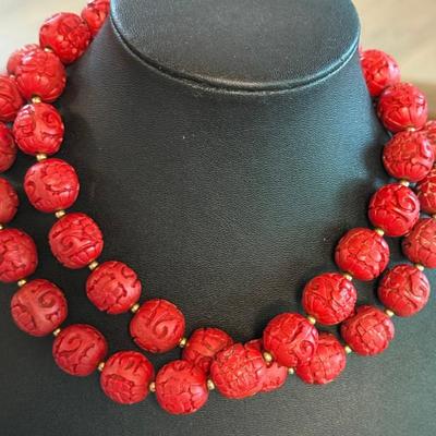 Hand Carved Cinnabar Round Bead 30 Inch  Necklace 