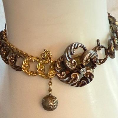 Antique 14K Gold Clasp & Safety Chain With Gold Plated Ring Bracelet And Small Diamond - 6.5 Inch 