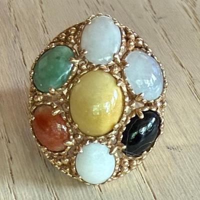 14K Yellow Gold Plum & Multicolor Jade Cabochon Ring Size 6.5 - Total Weight 8.7 Grams 