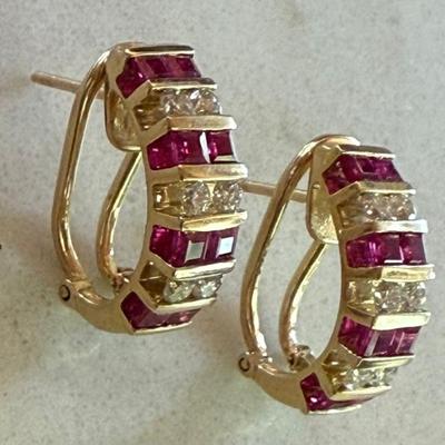 14K Gold - Diamond & Ruby Hoop Earrings - Total Weight 6.4 Grams 
