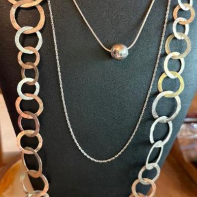 (3) Sterling Silver Necklaces - Paolo Romeo 18 Inch Ball - S. S.  Chain 24 Inch & 34 Inch Ring Handmade 46.3 G