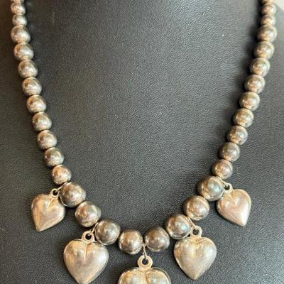 Vintage Italy Sterling Silver Bead & Heart Pendant 16 Inch Necklace - Total Weight 60.70 Grams 
