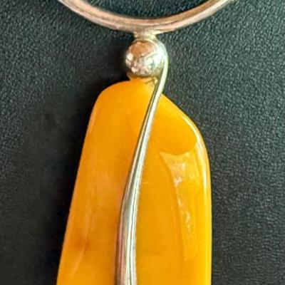 Modern 18 Inch Necklace With Sterling Silver & Amber Pendant 