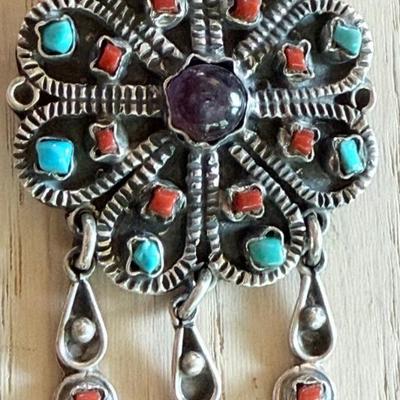Taxco Mexico Sterling Silver Turquoise - Amethyst & Coral Pendant Pin 21 Grams 