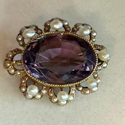 14K Yellow Gold - Amethyst And Pearl Pendant Total Weight 6 Grams (as Is) 