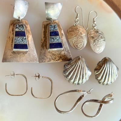 Ray Tracey Knifewing Lapis & Spiderweb Sterling Silver Earrings - Sterling Clam Shells - Mayan Faces & Hoops 