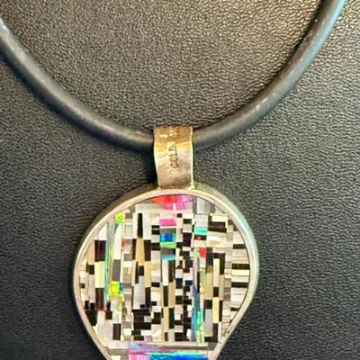 Colin Coonsis Sterling Silver & Multi Stone Inlay Double Sided Pendant With  Black 18 Inch Cord Necklace 