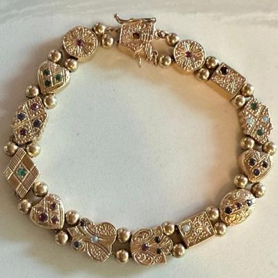 14k Yellow Gold Slide 7.5 Inch Bracelet - Emeralds - Rubies  - Opals - Weight 22.37 Grams 