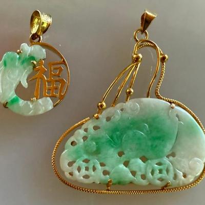 (2) 14K Yellow Gold & Jade Pendants - Total Weight 7.5 Grams 