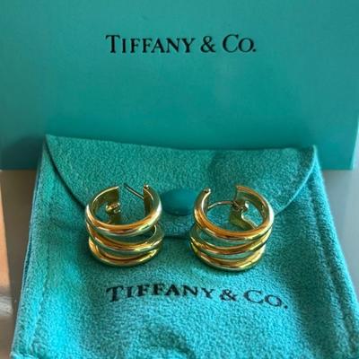 Tiffany & Co 18K Yellow Gold 750 Hoop Earrings With Original Bag And Box - Total Weight 14.8 Grams 